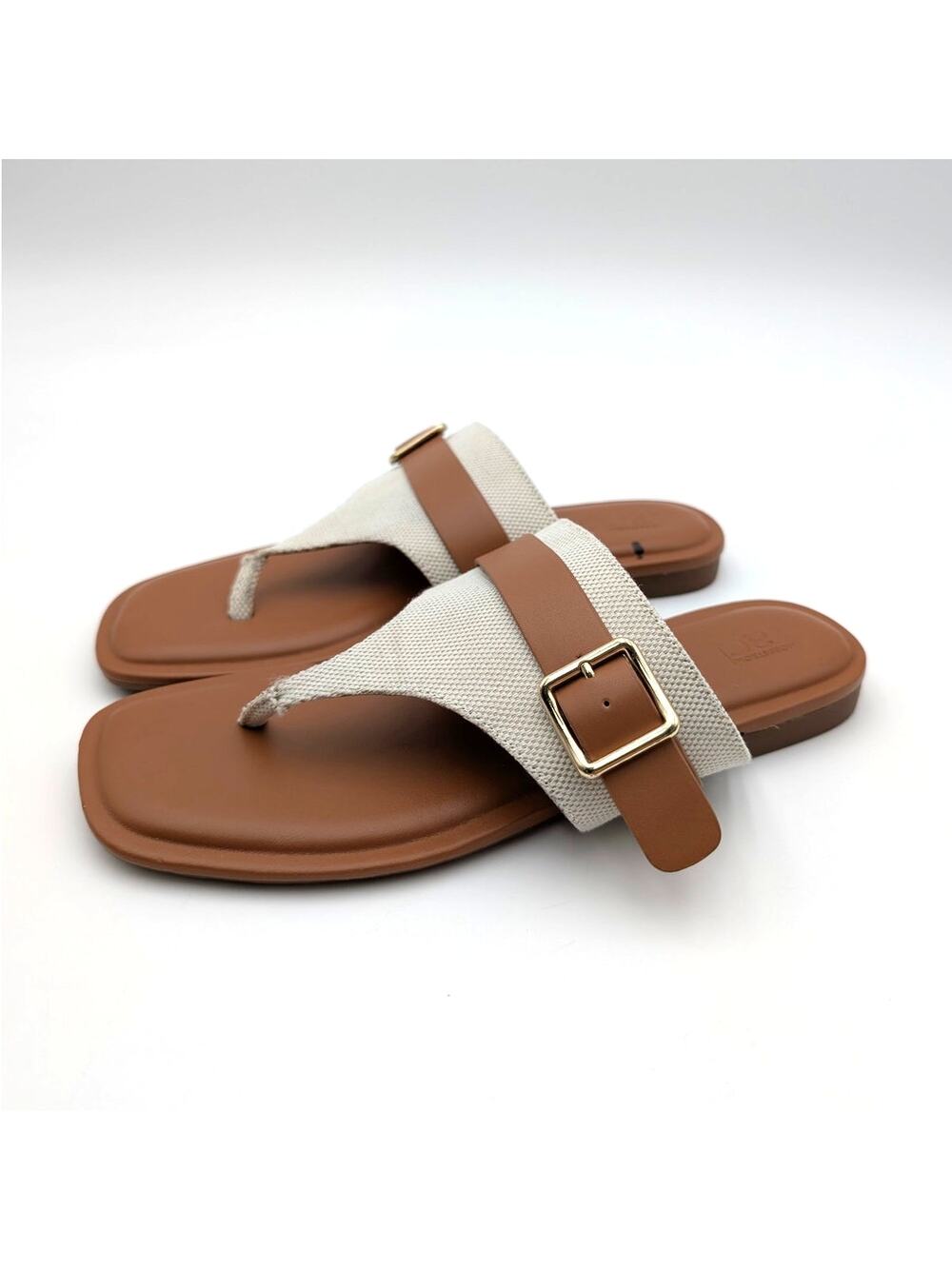 Nordstrom Rack Casen T-Strap Flat Sandals Women's Ivory/Cognac Sz US7M EU37